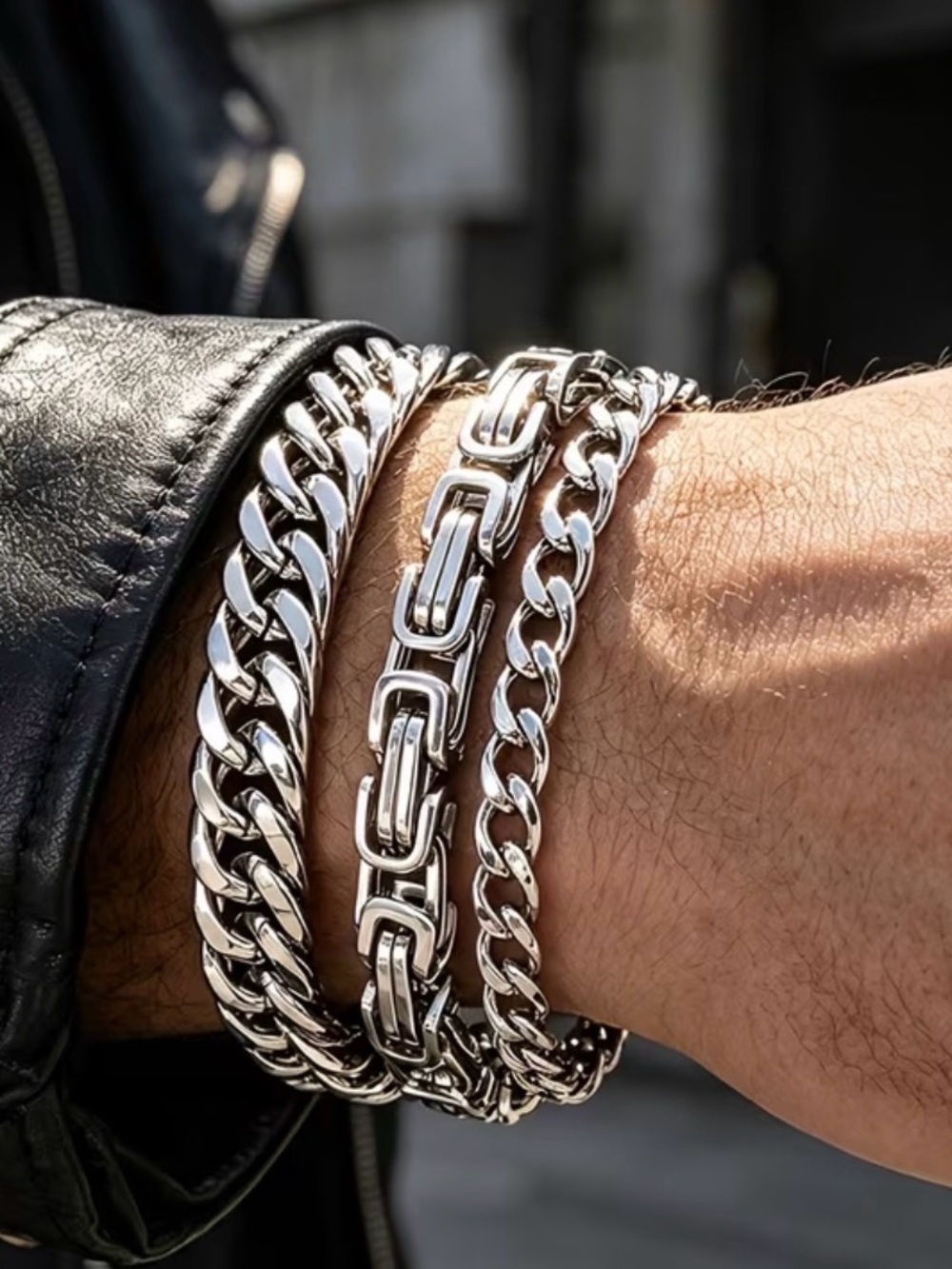Men's Silver Chain Bracelet Set - Polished Stainless Tone